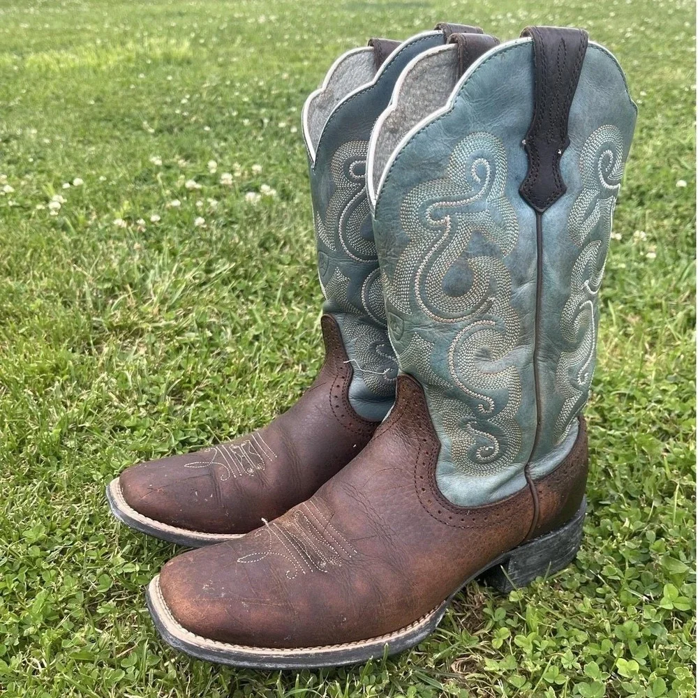 Ariat Quickdraw Western Cowboy Boots Women's 9B Brown Turquoise Square Toe - Picture 5 of 12
